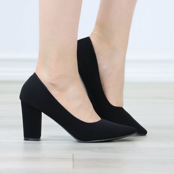 Classic Block High Heel Slip On Pointed Toe Pumps Black Nubuck - Picture 2 of 12